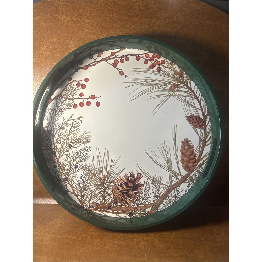 Williams Sonoma Woodland Berry Round Serving Tray 18" Christmas Holiday Green